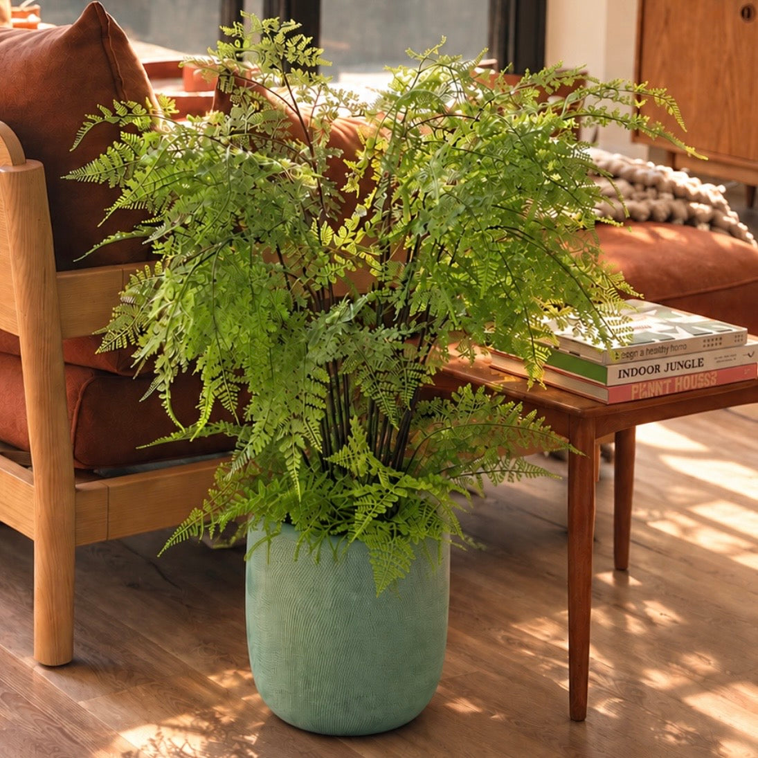 Artificial indoor plants styled in a living room