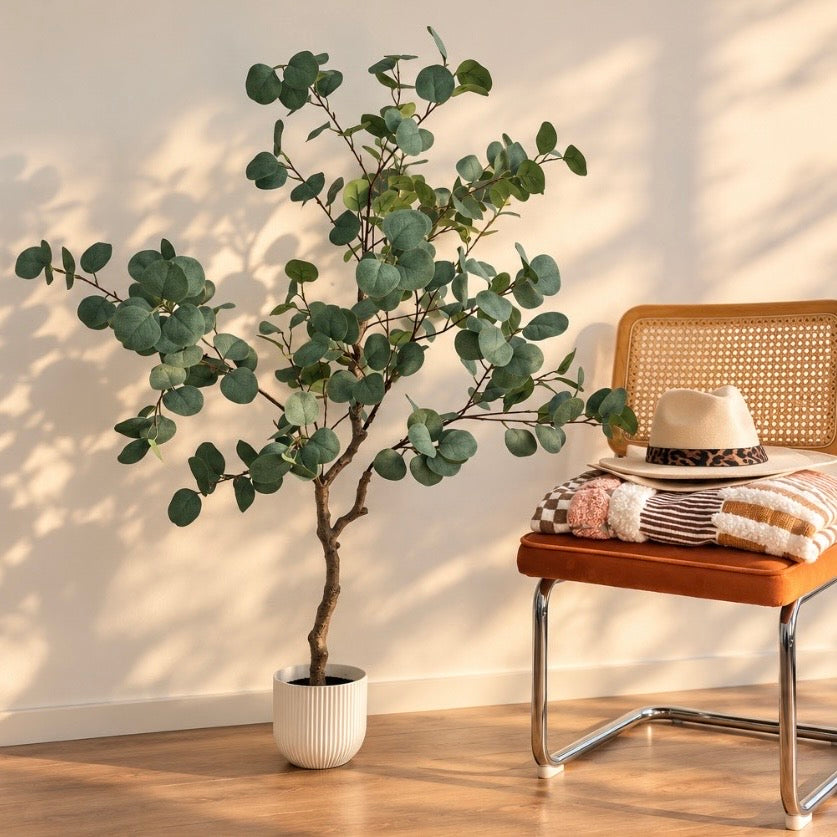Artificial eucalyptus blue gum tree in a pot