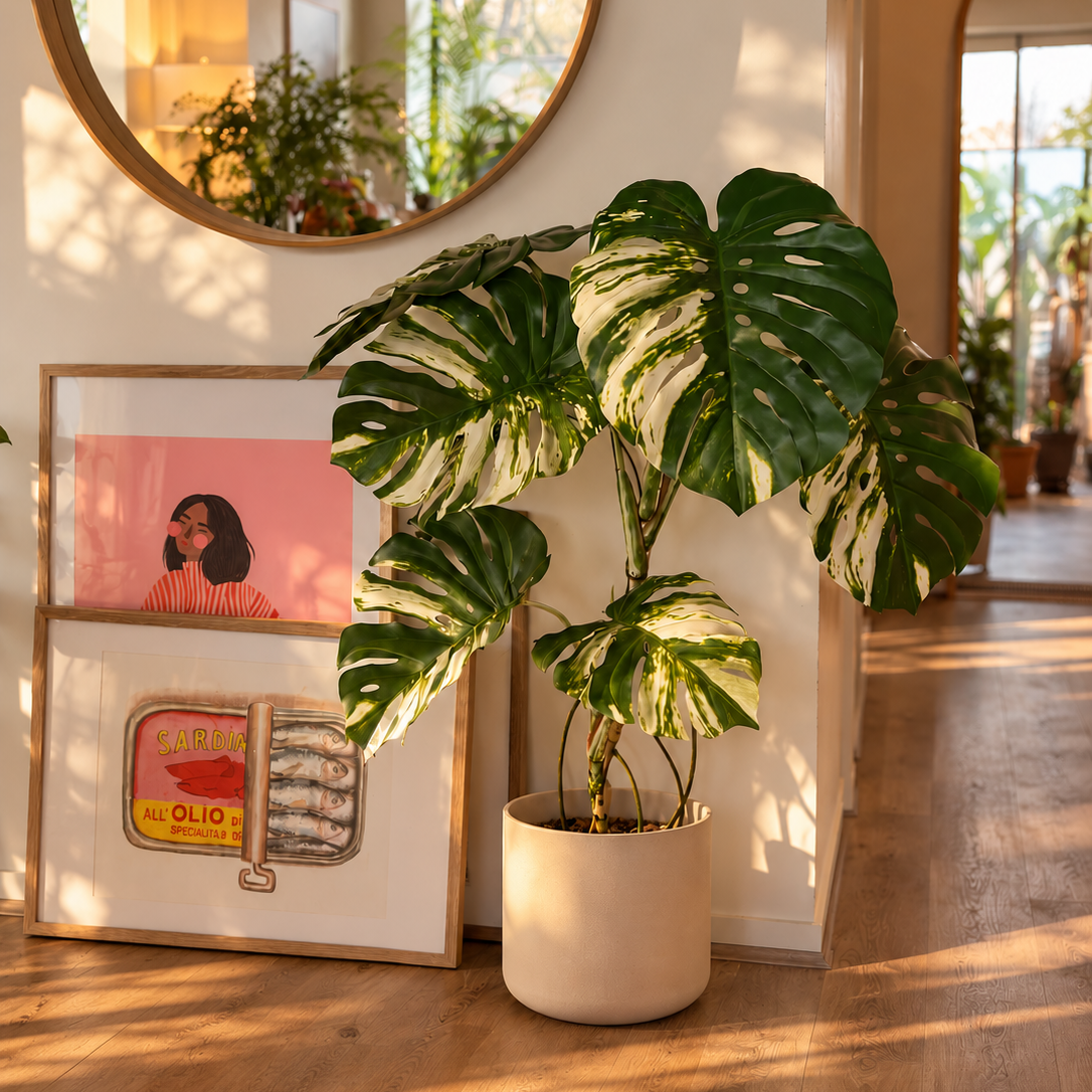 Artificial variegated monstera styled at home