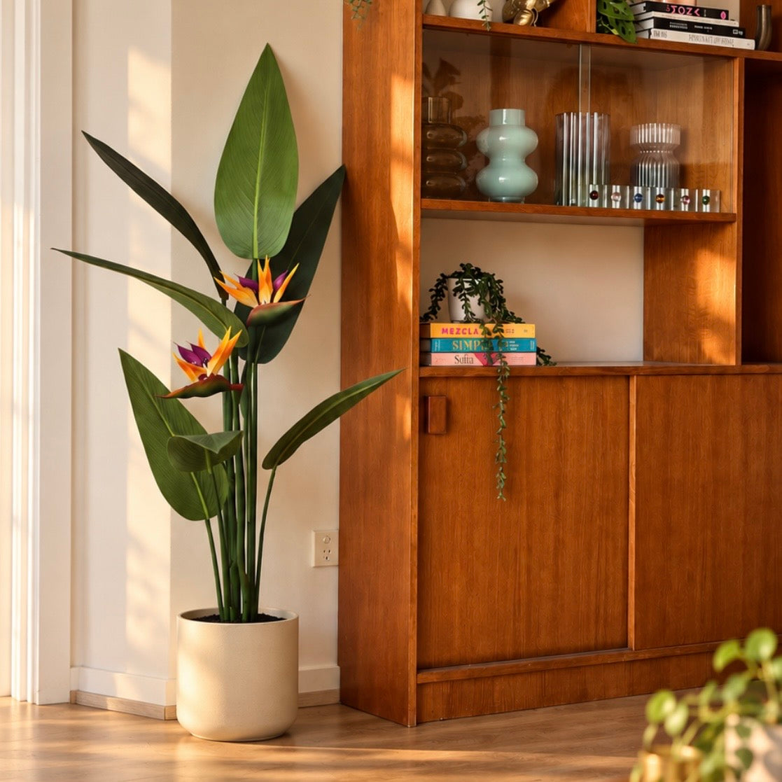 Artificial flowering bird of paradise styled at home