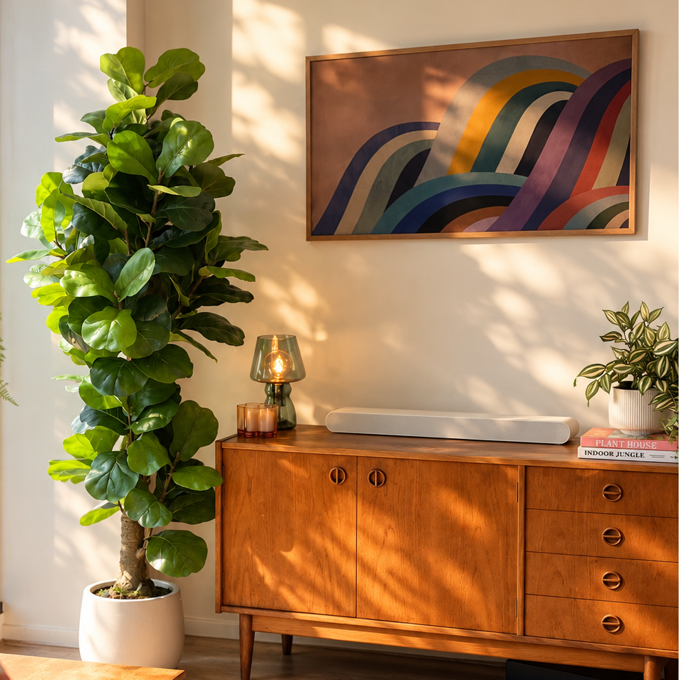 Artificial fiddle leaf fig styled at home