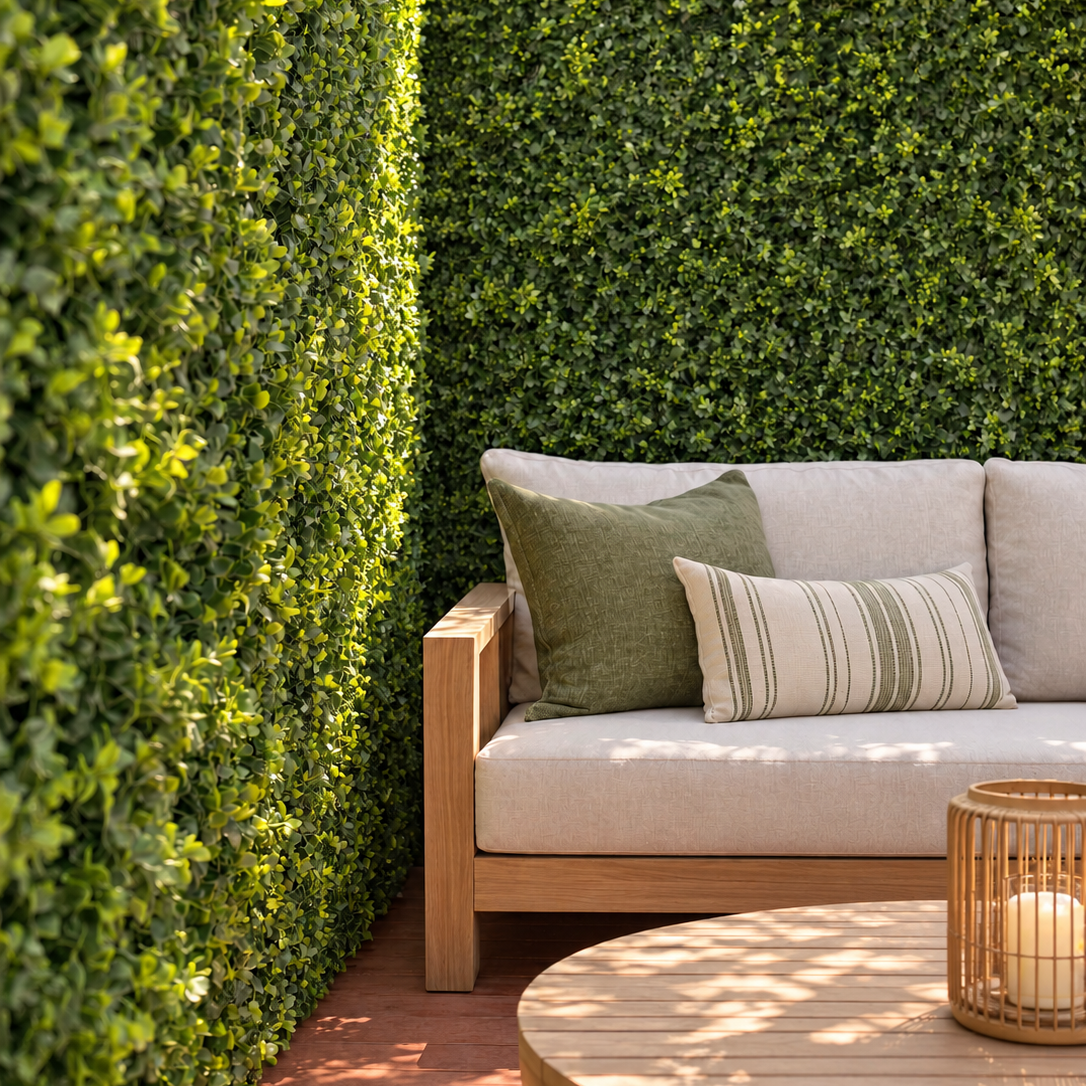 Spring Fern and Ivy artificial hedge panels on a patio fence